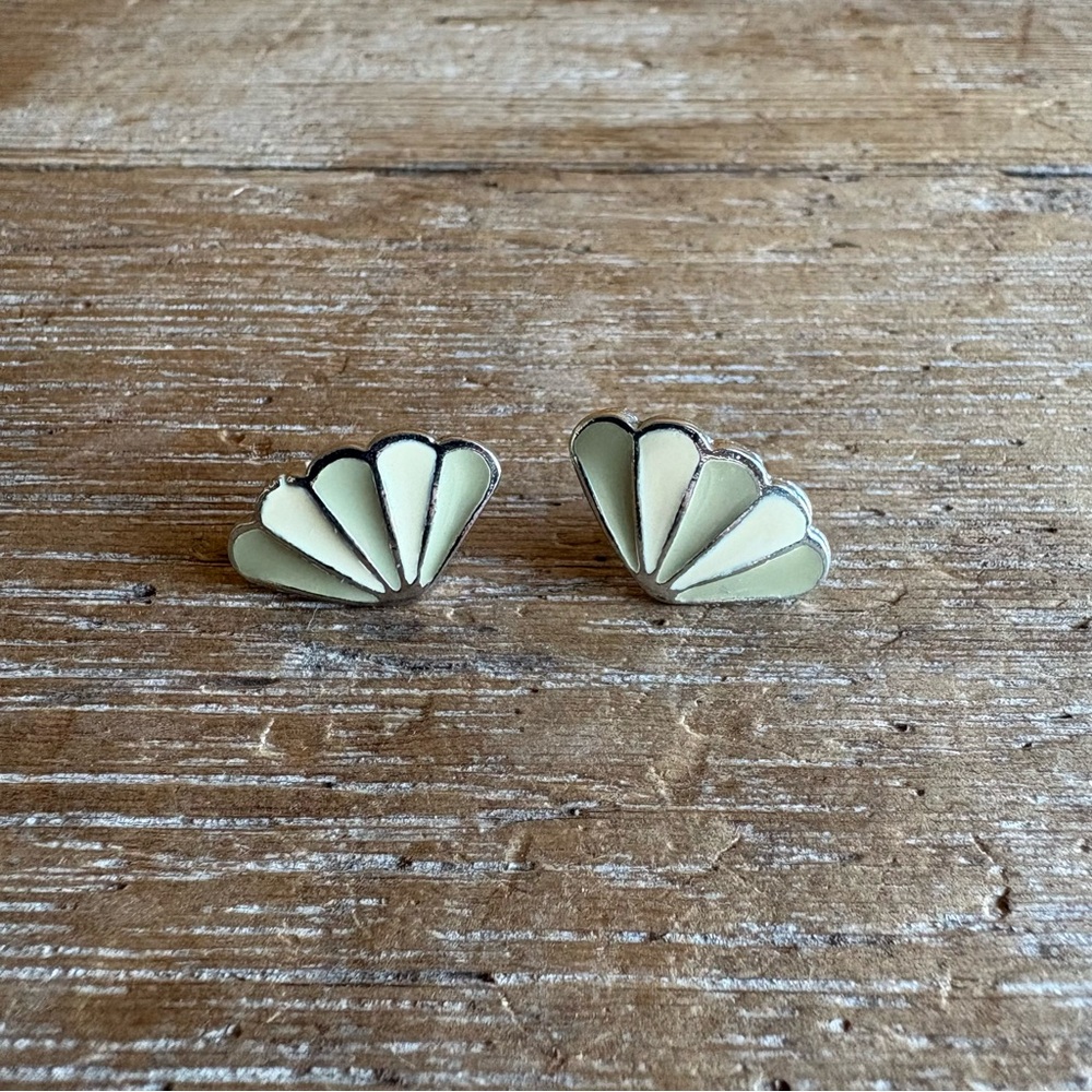 Shell Fan Stud Earrings in Light Sage and Cream